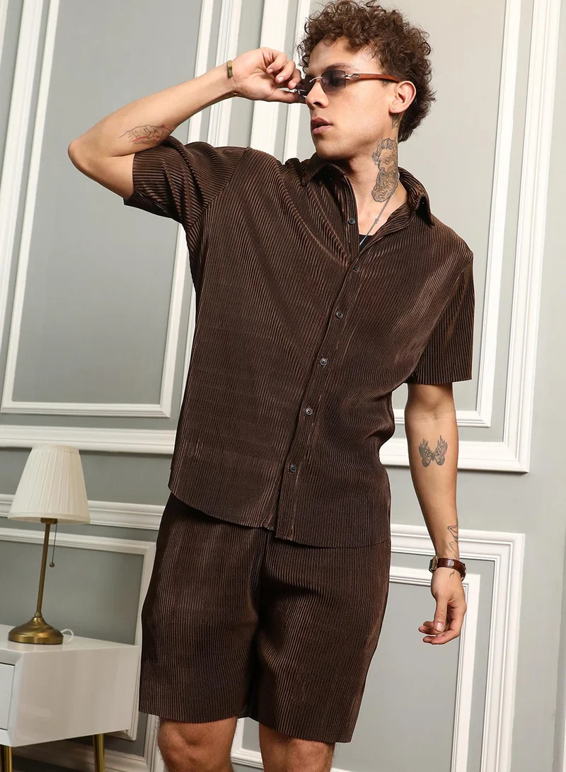 Campus Sutra Men's Mocha Brown Pleat-Creased Co-Ord Set For Casual Wear | Spread Collar | Short Sleeve | Button Closure | Co-Ords Crafted With Comfort Fit For Everyday Wear